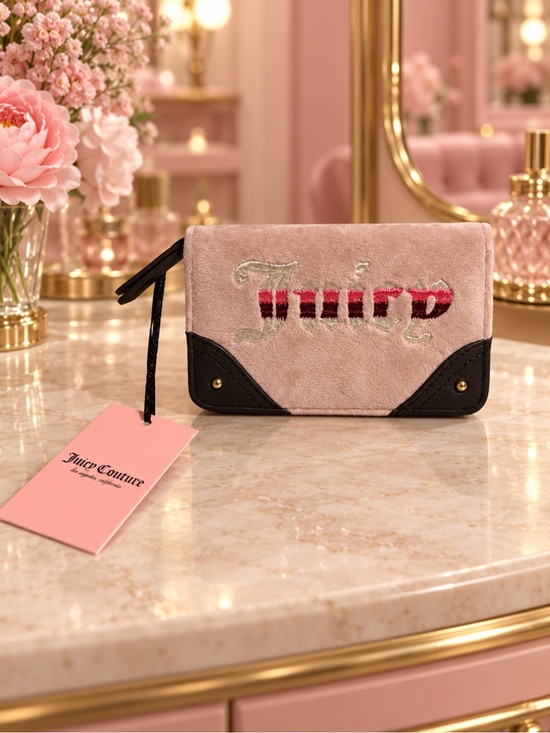 Juicy Couture Handbags - Juicy Couture Blush Pink Velvet Snap Wallet with Black Trim